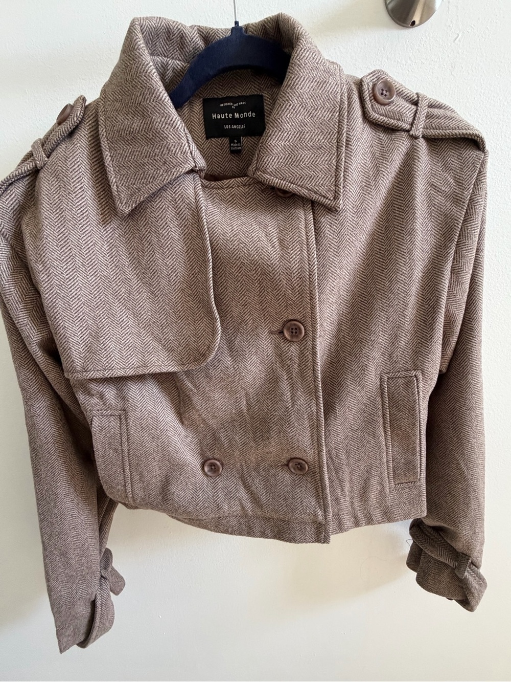 Haute Monde Herringbone Cropped Trench Jacket - Beige Taupe